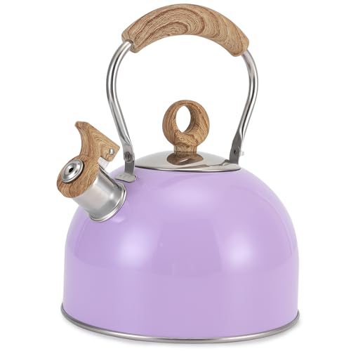 Tea Kettle Vegoran 85 OZ / 2.5 Liter Whistling Tea Kettle Tea Pots for Stove Top Food Grade Stainless Steel with Wood Pattern Folding Handle Loud Whistle Kettle for Tea Coffee Milk (Purple)