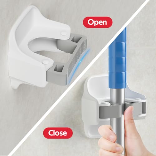 Reliahom 3 Pack Broom Holder Wall Mount Mop Grippers No Drilling Self Adhesive Anti-Slip Mop Handle Hanger Dustpan And Broom Organizer-White thumb #1