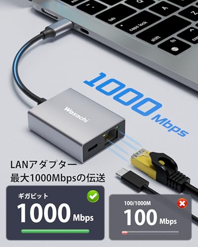 Wasachi USB-C LAN アダプター 1000Mbps高速+PD100W急速充電 の商品画像 2