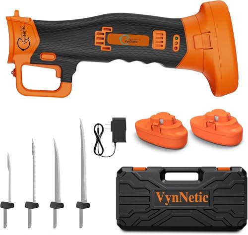 VynNetic Electric Fillet Knife for Fish with 4 Stainless Steel Blades, Cordless Rechargeable Non-Slip Handle and Safety Lock, 2 Rechargeable Battery Packs Portable Carry Case