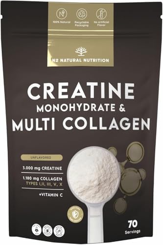 N2 Natural Nutrition. Creatina Monohidratada + Multi Colágeno Hidrolizado con Vitamina C en polvo (70 Dosis) 3000mg Creatina + Colágeno I,II,III,V y X–Sin Sabor–Soporte Muscular, Articulaciones, Piel