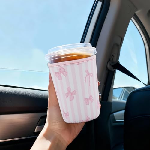 Image of Reusable Insulated Sleeve for Iced Coffee Cup, Coffee Neoprene Sleeve for Cold & Hot Drinks, Beverage Holder for Iced Coffee (Pink Stripe Bows, Small: 16-18oz)
