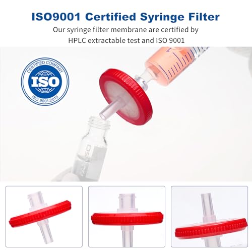 Image of Syringe Filters Hydrophobic PTFE Membrane 100PCS, 0.22um Pore Size,25mm Disc Diameter,HPLC and GC Needle Filter, Non-Sterile, High Throughput Lab Filtration, Barreled Packed