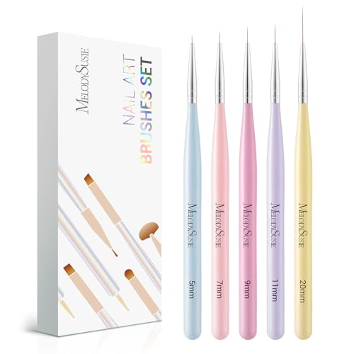 MelodySusie Nail Art Liner Brushes 5Pcs Professional Gel Polish Painting Art Design Pen Set for Thin Long Lines, Tiny Details, Fine Drawing, Delicate Coloring Sizes 5/7/9/11/20mm