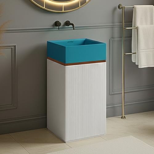 Image of Plantex Matt Acrylic Resin & Quartz Pedestal Basin For Bathroom /One Piece Pedestal Free Standing Square Wash Basin For Living Room /Hotel (Blue & White)