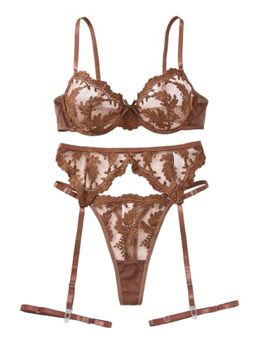 Image of Lilosy Sexy Leaf Floral Embroidered Mesh Sheer Women Underwire Push Up Lingerie Set