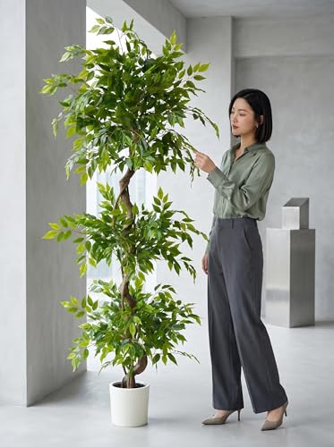 Image of 7ft Artificial Ficus Tree Fake Plant with White Planter