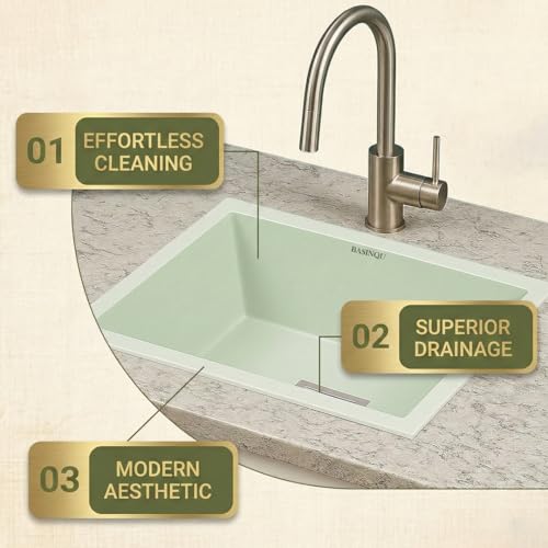 Image of BASINQU Quartz Sink for Kitchen | 24x18x9 Inches Sand-Choco Single Bowl Kitchen Sink | Granite UV Protected Scratch Resistant, Undermount /Topmount Kitchen Sinks