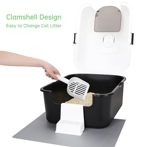 Sfozstra Cat Litter Box with Lid, Fully Enclosed Splash-Proof Litter Box,Top Entry Cat Litter Box, Easy to Assemble and Installation (Black with Handle, Large)