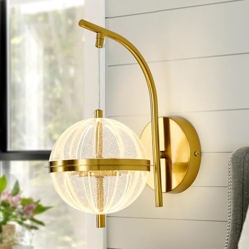 Image of UOFUS Gold Wall Sconce with Globe Acrylic Shade Mid Century Modern LED Wall Light Fixture 12W 3000K /4000K /6000K Temperature Adjustable Super Bright Bathroom Vanity Light for Bedroom Hallway