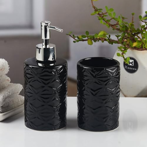 Image of Kookee Ceramic Bathroom Set - Stylish 2 Piece Bath Accessories Kit with Soap Dispenser, Toothbrush Holder - Modern & Designer Decor for Home & Guest Bathrooms, Black (11112)