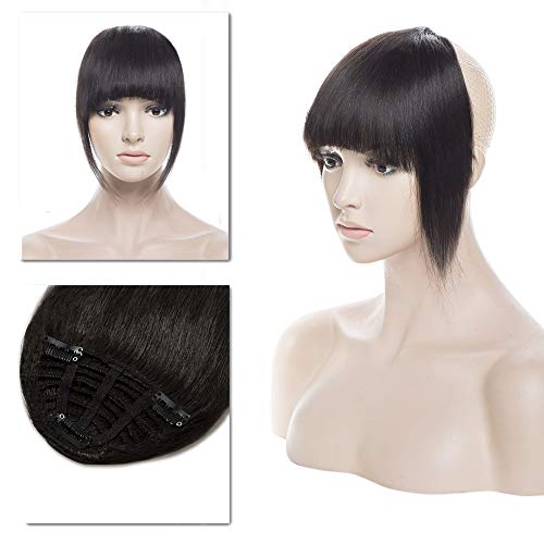 Clip in Bangs Human Hair with Temple Flat Fringe One-Piece Short Straight Clip on Extensions Hair Piece Accessories for Women #1B Off Black