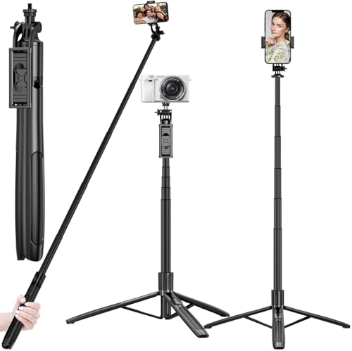 Image of NEXSA Long Selfie Stick with Reinforced Tripod Stand Aluminum 61 inch /156 cm Multifunctional Camera Tripod for Vlogging Live Stream 1 /4 inch Screw for Mirrorless /Action Camera Ring Light Gopro, Black
