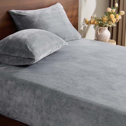 Image of BEDELITE Flannel King Fitted Sheet & Pillowcases Set, Grey, 3 Pieces | Ultra Soft Plush Fleece Bed Sheet with Elastic Corner Straps, 16 Inch Deep Pocket, Fuzzy All-Season Gift & Room Decor