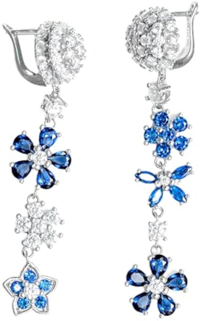 Women’s Mismatched Moissanite & Cubic Zirconia Earrings - Sterling Silver Rhodium-Plated Jewelry - Swiss Blue Topaz, London Blue Topaz & Blue Sapphire Earrings - Lab-Grown Diamonds for Women