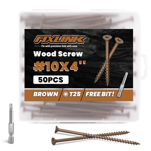 Image of Wood Screws 4 Inch, FIXLINK Deck Screws #10 x 4, 50 PCS, Epoxy Coated, T25 Star Bit Above 1500 Hour Salt Spray Coating Outdoor Decking Screws Excellent Rust Resistant for Wood Fence, Brown