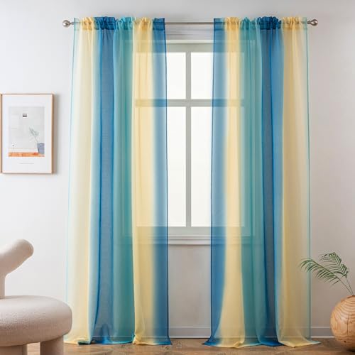 Yancorp Sheer Curtain Semi Bedroom Curtains 63 inches Length Linen Blue Beige Ombre Curtains Rod Pocket Drapes Girls Living Room Mermaid Bedroom Nursery Kids Window Decor, 1 Panel(Blue Beige,52"x63")