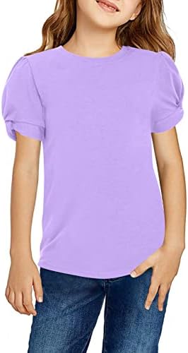 Hopeac Girls Puff Sleeve Tees Cotton Dress Shirts Purple Cute Blouse Roundneck Crop Tops Princess Short Puff Twist Sleeve Tees
