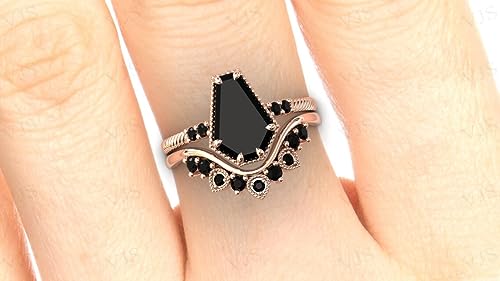 Vintage Art Deco 1 CT Coffin Shaped Black Onyx Engagement Ring Set 14K Rose Gold for Women - Antique Bridal Wedding Anniversary Promise Rings2
