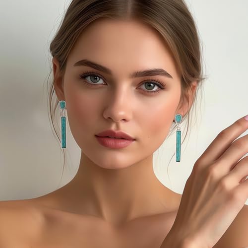 Silver Turquoise dangle Earrings for Women Boho Earrings Chunky Long Turquoise Studs Gemstone Bar Dangling3