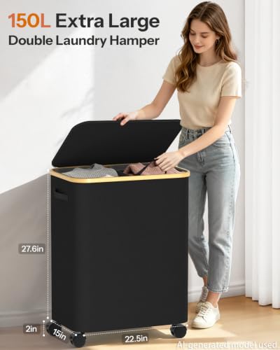 Image of Double Laundry Basket with Wheels and Lid, 150L Clothes Hampers for Laundry | Large Laundry Hamper with 2 Sections & Removable Liner Bags, Rolling Dirty Clothes Basket for Bedroom Bathroom Dorm College
