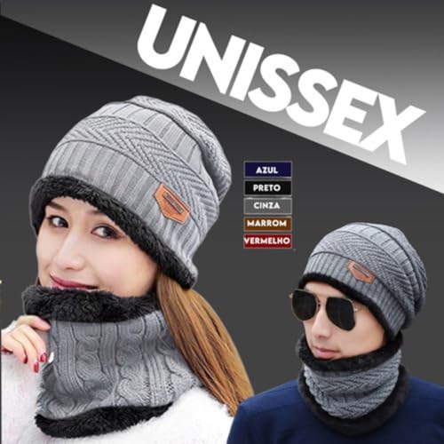 Kit Touca Inverno + Cachecol de Gola Premium Tricô Flanelado Forrado Frio Extremo Inverno Lã Pelinho