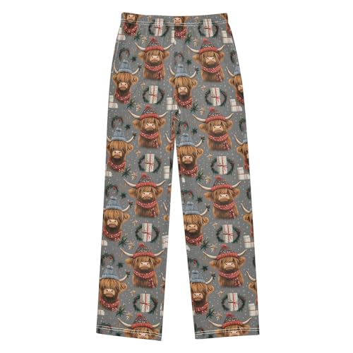 Christmas Pajama Pants Highland Cow Christmas Hat Long Sleep Pants Lounge Bottoms