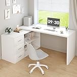HSH White L Shaped Computer Desk with 3 Drawers, Reversible Home Office Corner Desk for Writing Study Work Executive, 152cm Bedroom Wood Table Workstation Corner Desk with Storage Cabinet
