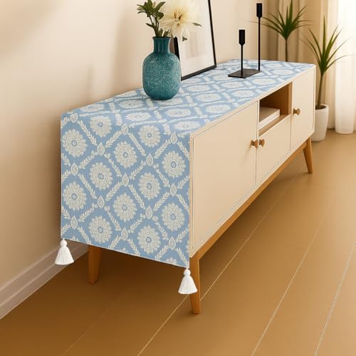 WWW.THROWPILLOW.IN Powder Blue Floral Tassel TV Unit Runner 13x84 Inches|Fits 6 Feet Center Table,Dresser,Office Table,Book Desk,Entry Console, Console Table,Entrance Cabinet,TV Cabinet