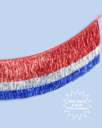 Image of xo, Fetti Red, Silver + Blue Layered Fringe Banner - 6 Ft. | 4th of July Decorations, Western Party Decorations, Patriotic Birthday Party Decor, Cowboy Backdrop, Summer BBQ Sign