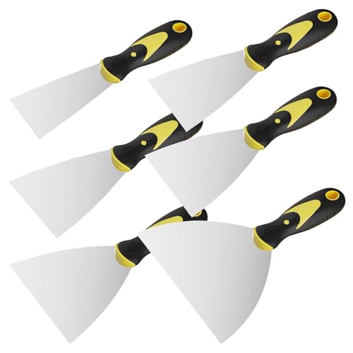 Homshsjhkis 6 Pcs Spatule Inox, Couteau Enduire Acier Inoxydable, Couteaux Spackle avec Manche en Plastique, Spatule Bricolage Enduit avec Trou de Suspension pour Masticage, Enlever Papier Peint