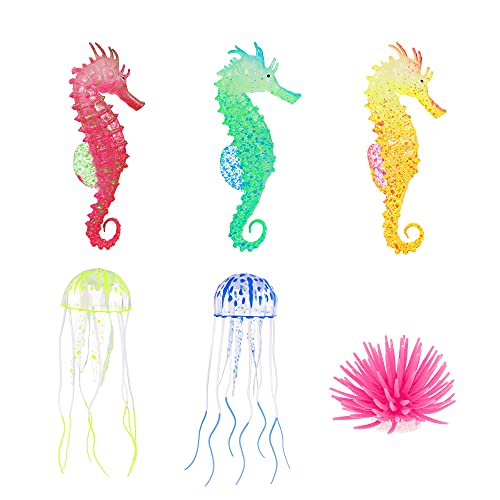 Image of Lpraer 6 Pieces Glow Aquarium Ornaments Artificial Glow Floating Jellyfish Seahorse Anemones Silicone Simulation Fish Tank Decorations for Fish Tank