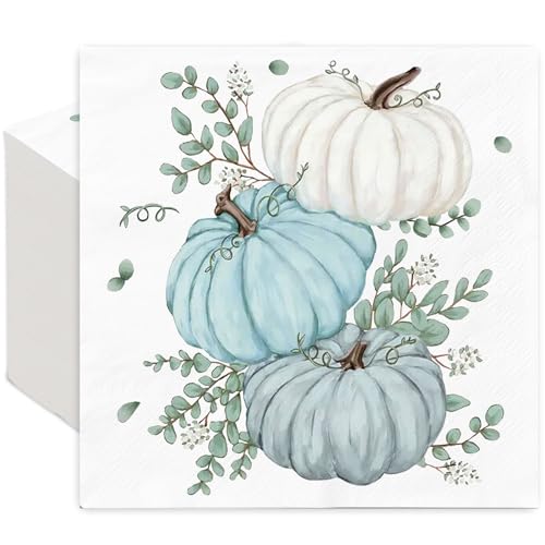 JarThenaAMCS 50Pcs Fall Pumpkin Napkins Pumpkin Eucalyptus Napkins Disposable Dinner Hand Napkins for Autumn Harvest Thanksgiving Dinner Party Supplies