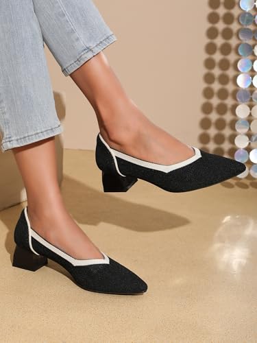 Women's Slip On Knitted Block Heels Pointed Closed Toe Low Chunky Pumps Comfortable Casual Knit Heels for Women Office Meeting Daily Dress Shoes 1.57"4