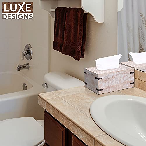 Wood Tissue Box Cover for Desktop – Vintage Rectangle Tissue Holder w/Slide Out Bottom for Refills – Desktop Tissue Holder – Rustic White Wood Pieces for Home Office Decor – 6.4” X 10.2” X 4.5”