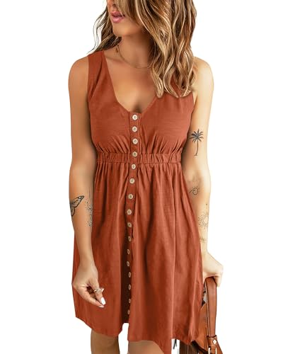BTFBM Summer Dresses for Women 2026 Casual Spring Clothes Sleeveless Crewneck Beach Vacation Outfits Mini Flowy Sun Dress(Buttons Orange Red, Medium)