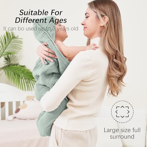 Image of SWEET DOLPHIN Muslin Hooded Baby Bath Towels - 2 Pack 100% Cotton Towel for Babies, Infants, Toddlers - 32x32Inch - Highly Absorbent and Newborn Essential, Light Emerald