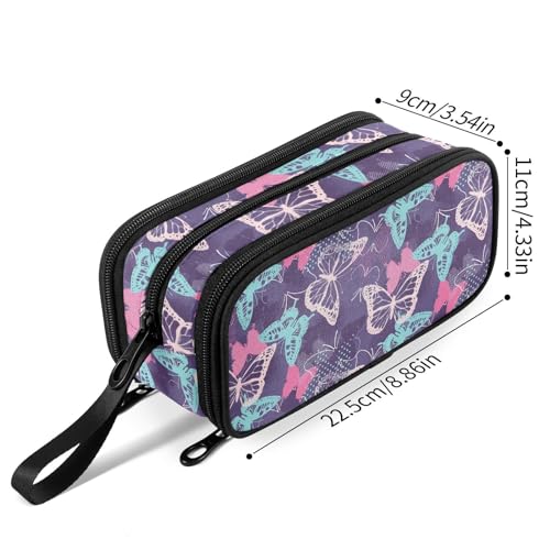 Image of Fustylead Pretty Pink and Blue Pixelated Graffiti Butterflies Big Capacity Pencil Pen Case Multi-Purpose Organizer for Office College School Hiking Travel
