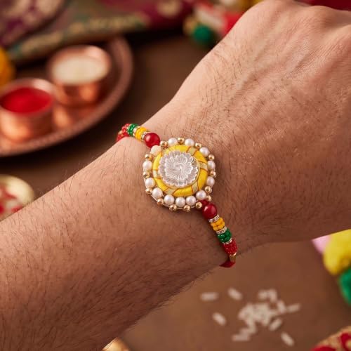 Image of ascension Fancy Handmade Couple Rakhi for Bhaiya Bhabhi Sister in Law with Pearl Work & Red Thread Bracelet Rakhi Combo for Raksha Bandhan with Roli Tilak & You are My Hero Fridge Magnet