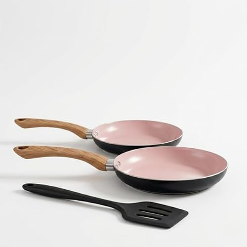 Conjunto de Frigideiras com Revestimento Cerâmico Rosa e Espátula, 3 Peças, Cabo Estilo Madeira,
