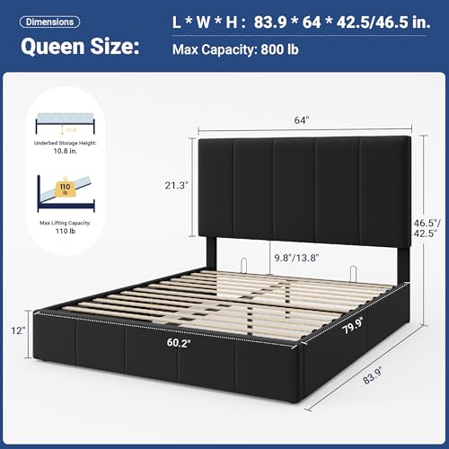 Image of Allewie Queen Size Velvet Lift Up Hydrualic Storage Bed Frame, Black