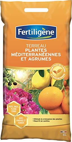FERTILIGENE FAGRU6P - Terreau Agrumes et Plantes Méditerranéennes 6 L - Stimule la Croissance et nourrit en continu - Plus de Fleurs et de Fruits - Terreau avec Engrais et fumier - Fabriqué en France