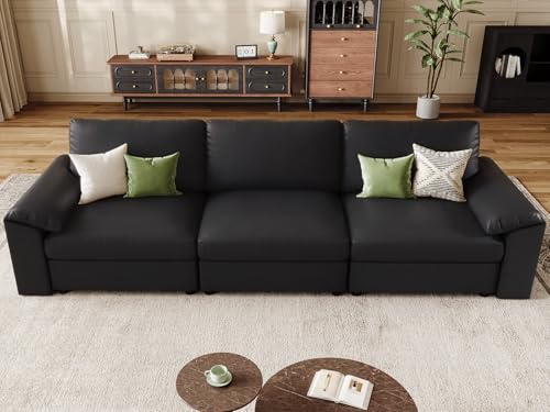 Image of EASE MOOSE 3 Seater Deep Seat Sectional Sofa,Scratch Resistant Faux Leather Material, Oversized Modular Couch,Classic Comfy Sofas for Small Spaces, Black