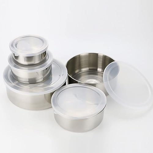 Miniatura 3 de Cuencos para mezclar con tapas, 5 cuencos profundos para almacenamiento de cocina, juego de cuencos de acero inoxidable plateado para cocinar