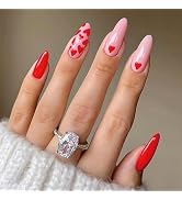 Valentine's Day Press on Nails Pink Almond Press on Nails Medium Fake Nails with Red Heart Design...