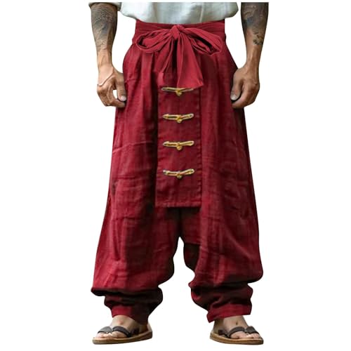 Mens Solid Color Linen Loose Pants, Fashion Vintage Tie-Up Beach Casual Pants Solid Color Wide Leg Trousers