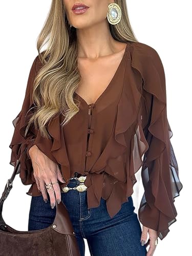 CHICME Women's V Neck Ruffle Blouses Button Down Dressy Casual