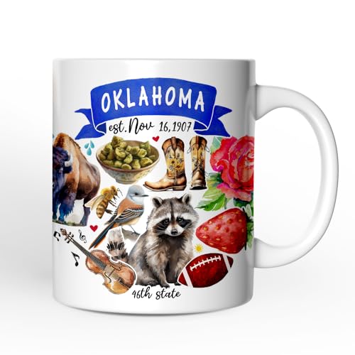 OrnamentallyYou State Travel Landmark Mugs – 12 oz Ceramic Coffee Cups, U.S. Souvenir Gift for Tourists (Artistic Oklahoma State Themes and Landmarks Mug)