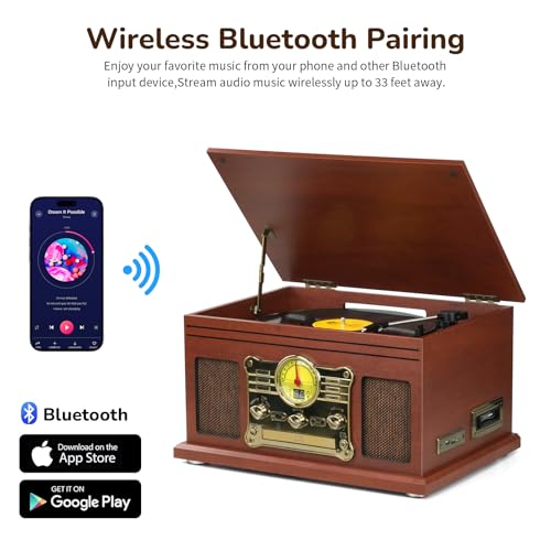 Image of FEKTIK Bluetooth Record Player 10 in 1, 3-Speed Turntable for Vinyl with Speakers, LP to MP3 Converter, CD, Cassette Player, FM Radio, Wireless Streaming | Mahogany