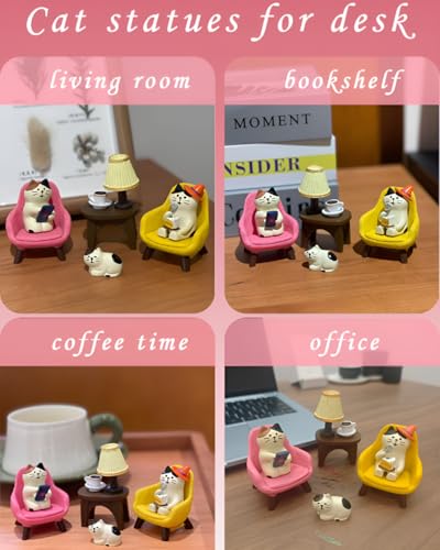 Miniature Cat Figurines Set – 6-Piece Resin Desk Decor with Sofa & Lamp,Cat Statues for Office Shelf Home, Gift for Cat Lovers (CAT) - Image 5